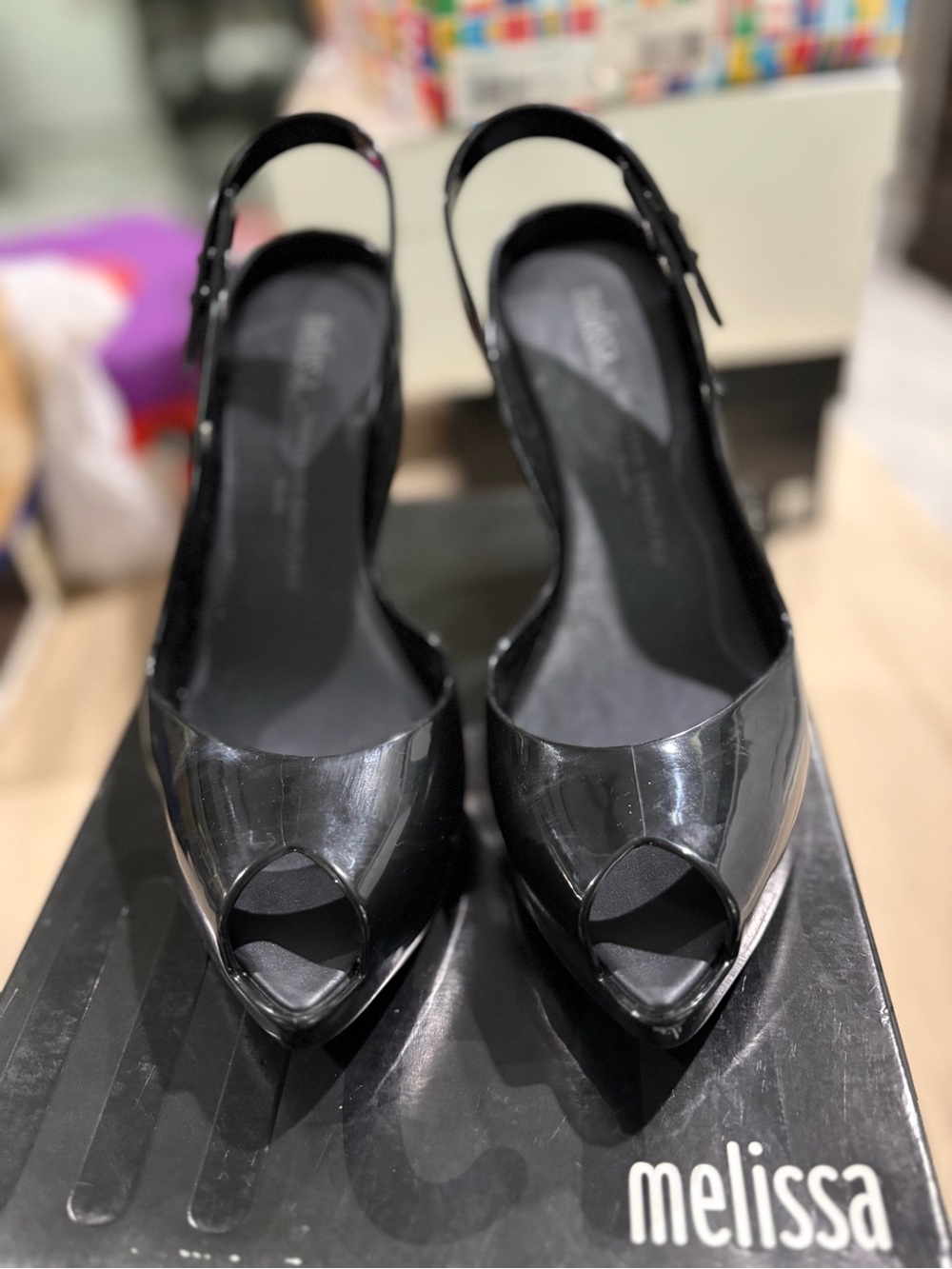 Melissa Black Glossy Peep-Toe Platform Slingback Heels